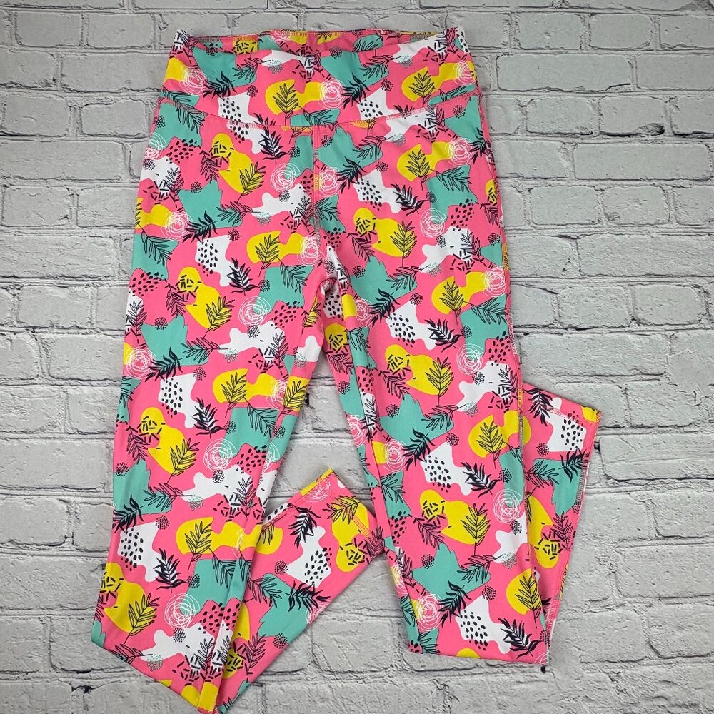 Mistral Tropical Abstract Print High Waisted Leggings Pink Yellow Teal Small EUC
